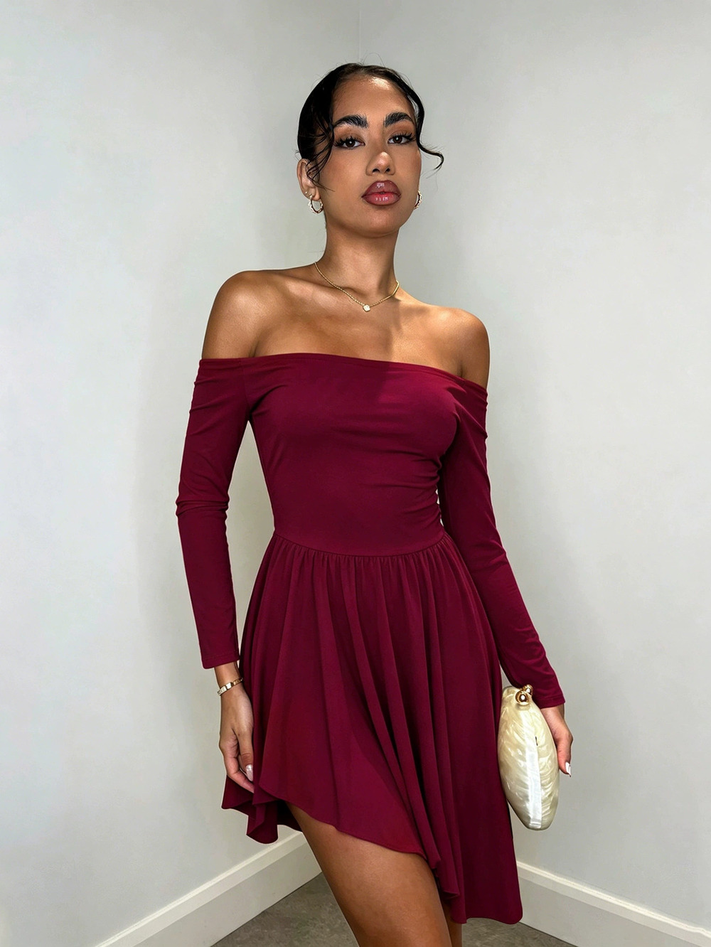 ZARA Sexy Off Shoulder Long Sleeve Ruched Waist Irregular Hem Mini Dress